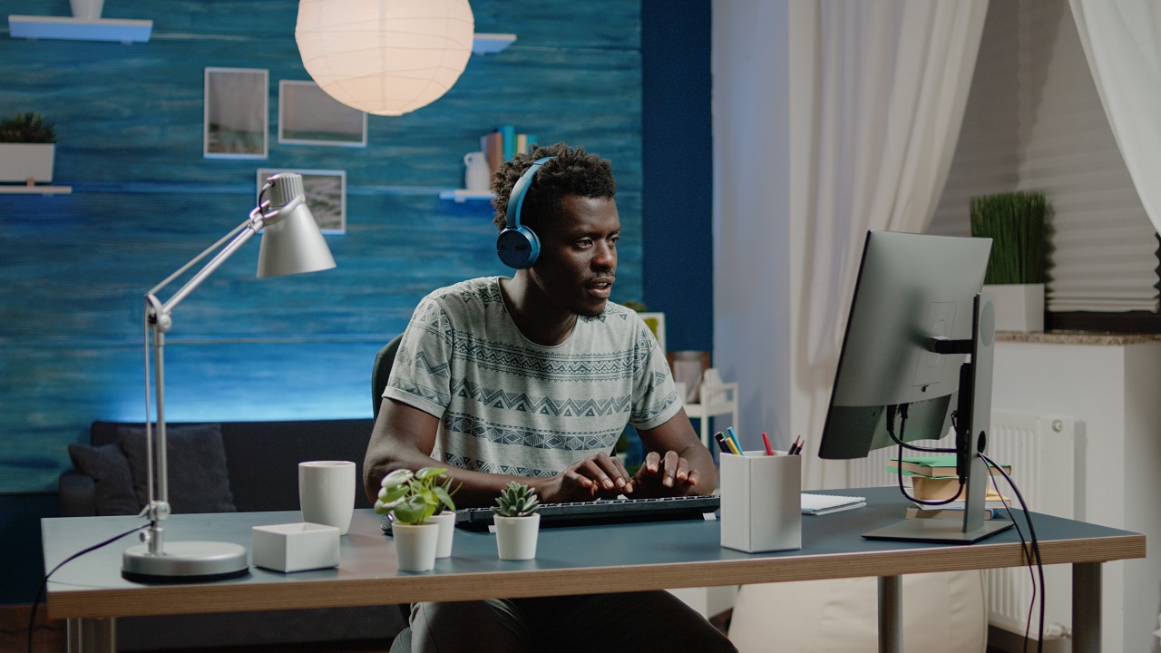 Man listening to music while working