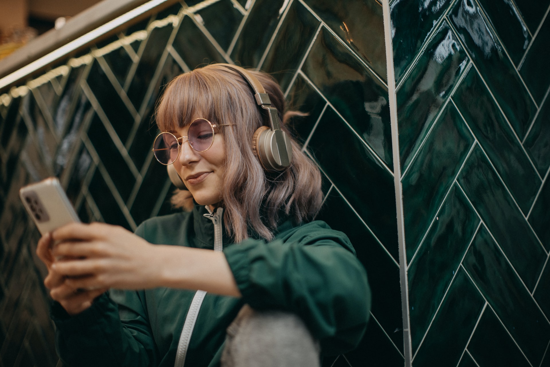 Smiling woman listening to music